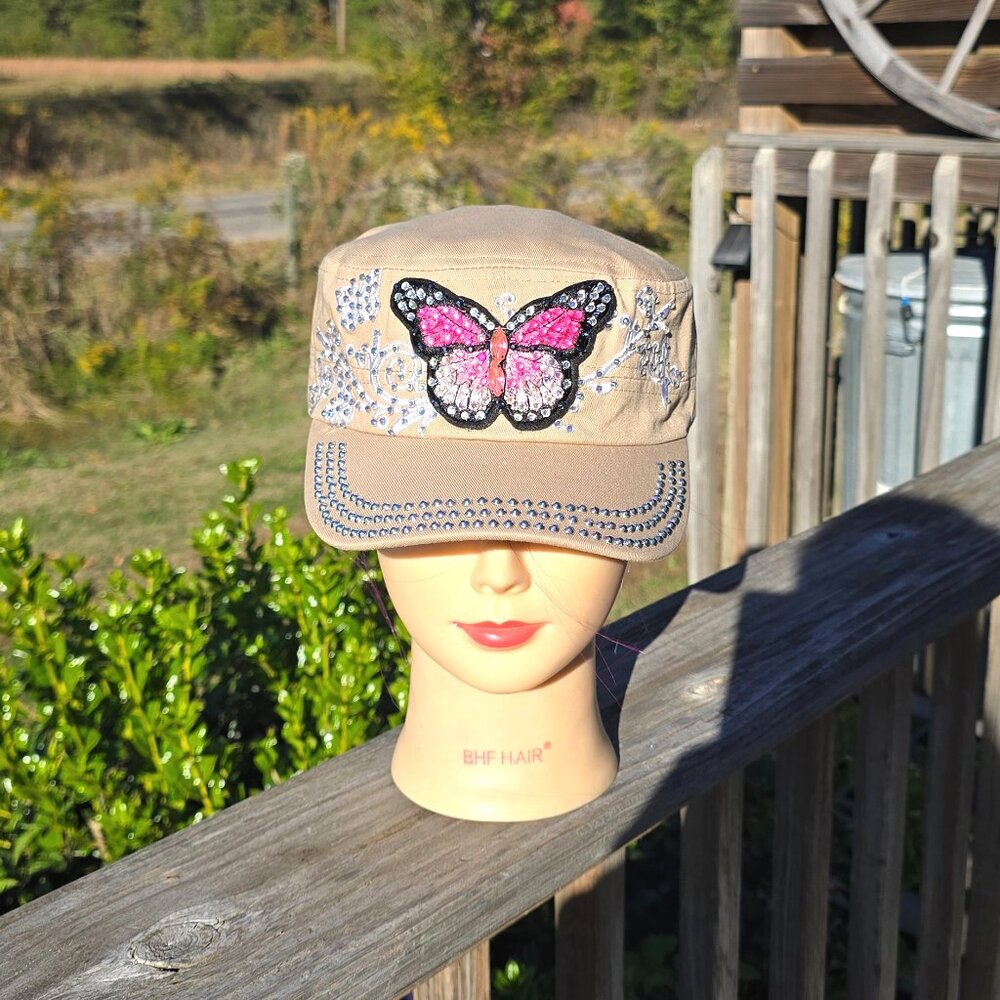 Ladies Khaki & Pink Butterfly BLING Hat NEW No Tags